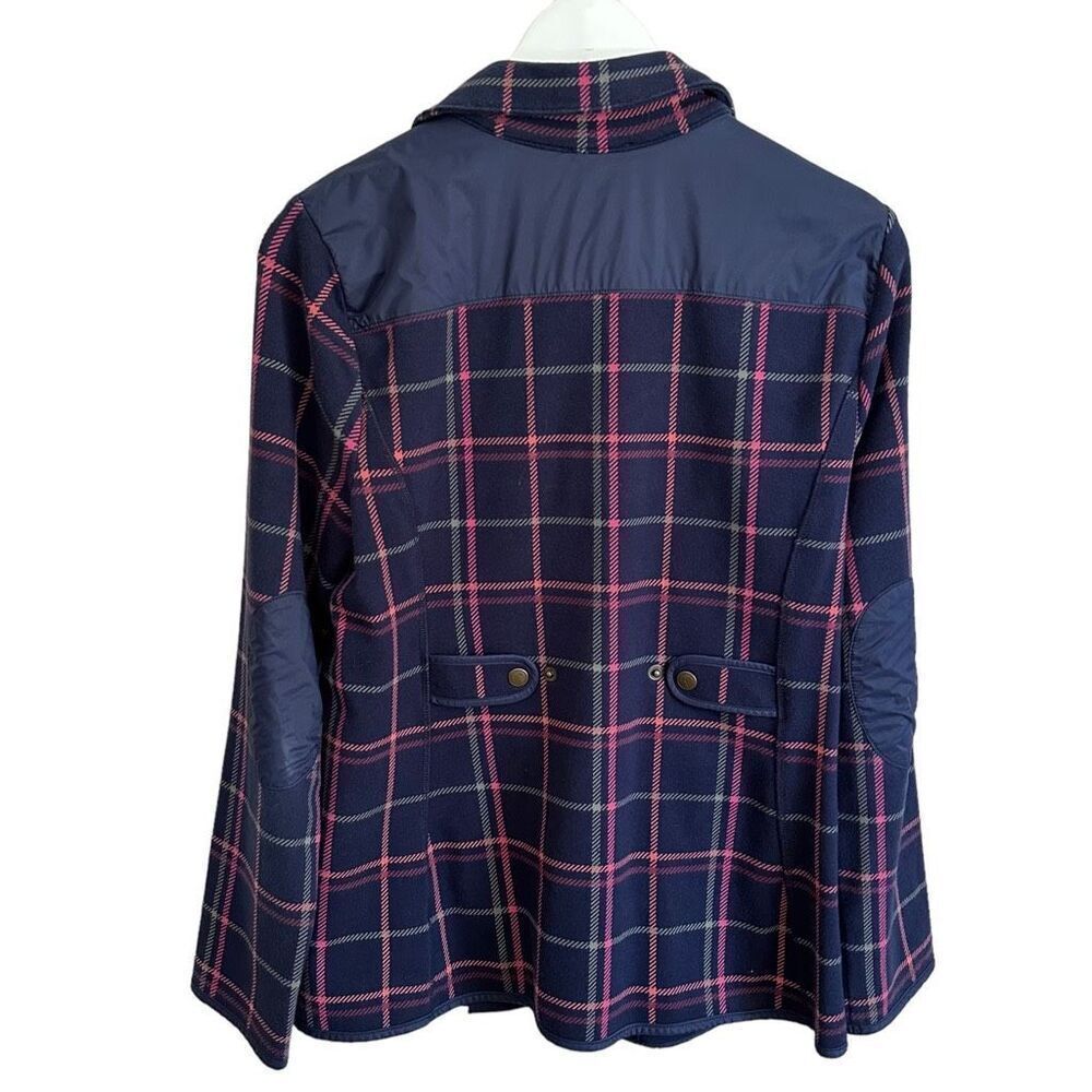 T by Talbots Navy Blue Tattersall Plaid Knit Zip Jacket Size Medium Petite - Picture 2 of 8